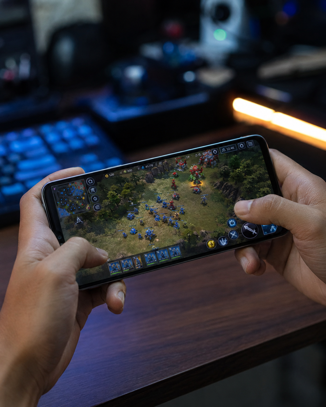 Smartphone with a fictional beginner-friendly game screen displayed during a gaming technology demonstration